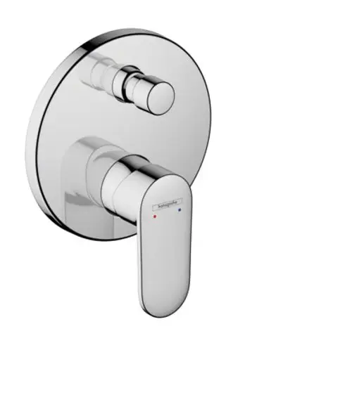 Chromfarbener Einhebelmischer von Hansgrohe, unterputz montiert, mit zwei Bedienelementen für Temperatur und Wassermenge, an runder Wandplatte.